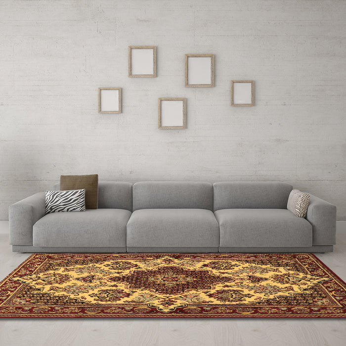 Machine Washable Medallion Brown Traditional Rug in a Living Room,, wshtr1729brn