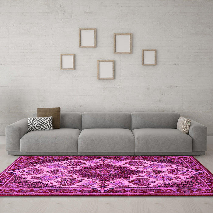 Machine Washable Medallion Pink Traditional Rug in a Living Room, wshtr1729pnk