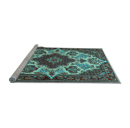 Sideview of Machine Washable Medallion Light Blue Traditional Rug, wshtr1729lblu