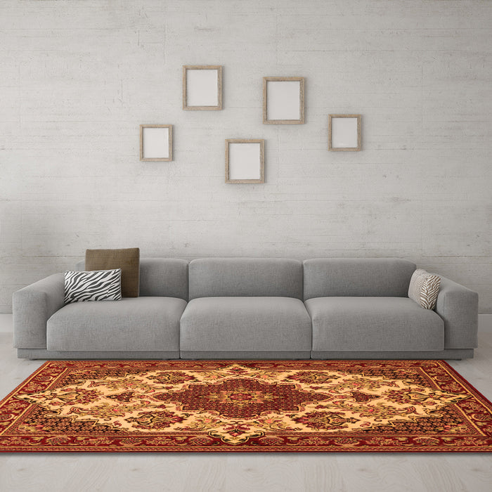 Machine Washable Medallion Orange Traditional Area Rugs in a Living Room, wshtr1729org