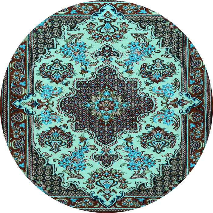 Round Machine Washable Medallion Light Blue Traditional Rug, wshtr1729lblu