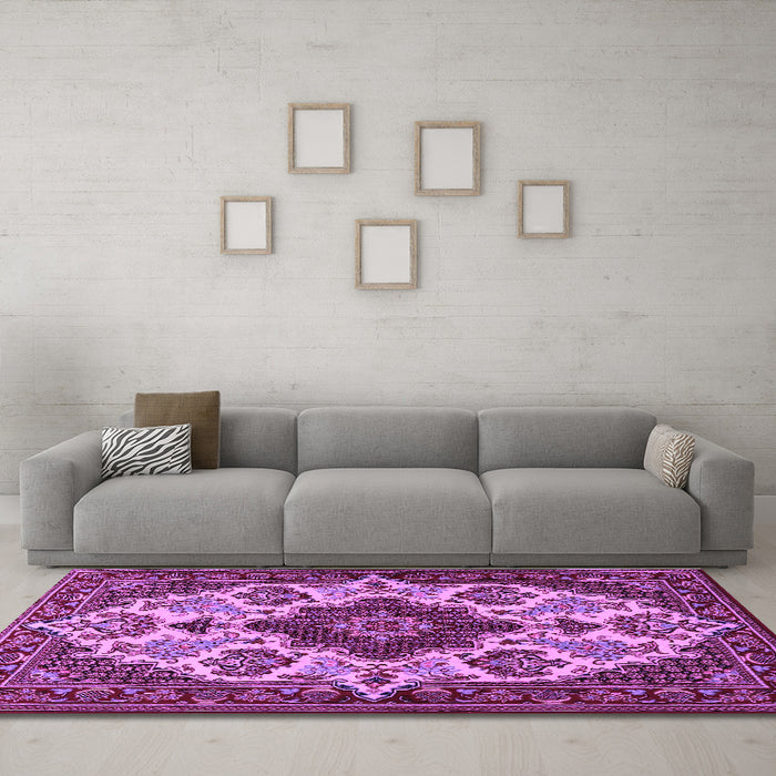 Machine Washable Medallion Purple Traditional Area Rugs in a Living Room, wshtr1729pur