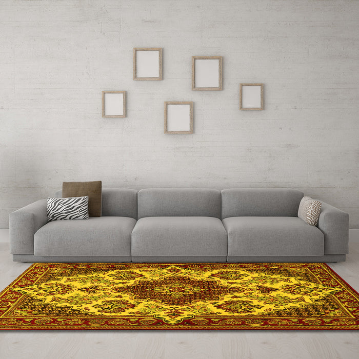 Machine Washable Medallion Yellow Traditional Rug in a Living Room, wshtr1729yw