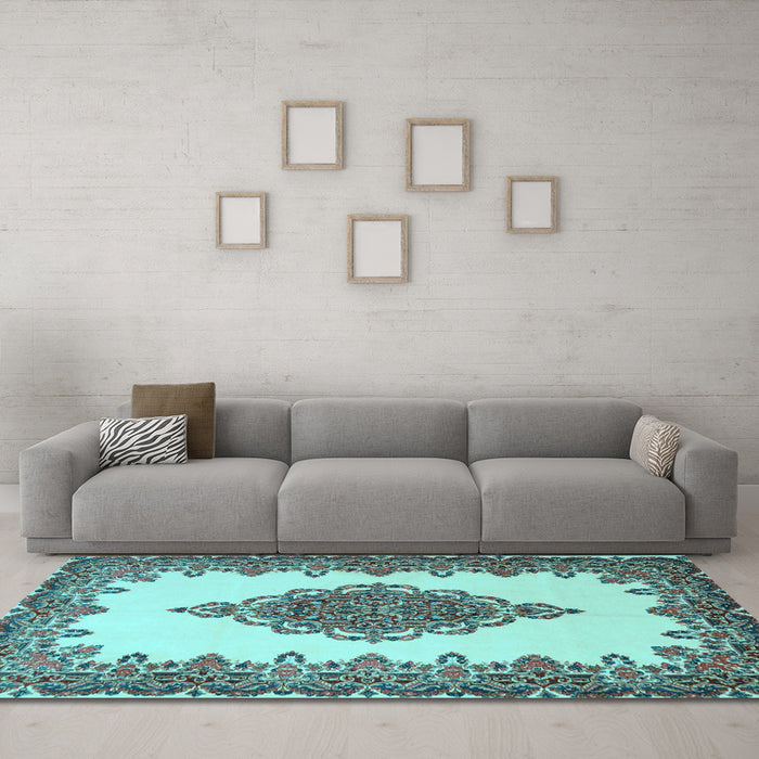 Machine Washable Medallion Light Blue Traditional Rug in a Living Room, wshtr1731lblu