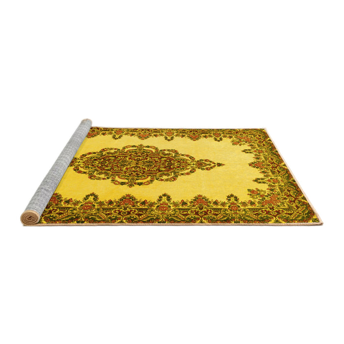 Sideview of Machine Washable Medallion Yellow Traditional Rug, wshtr1731yw