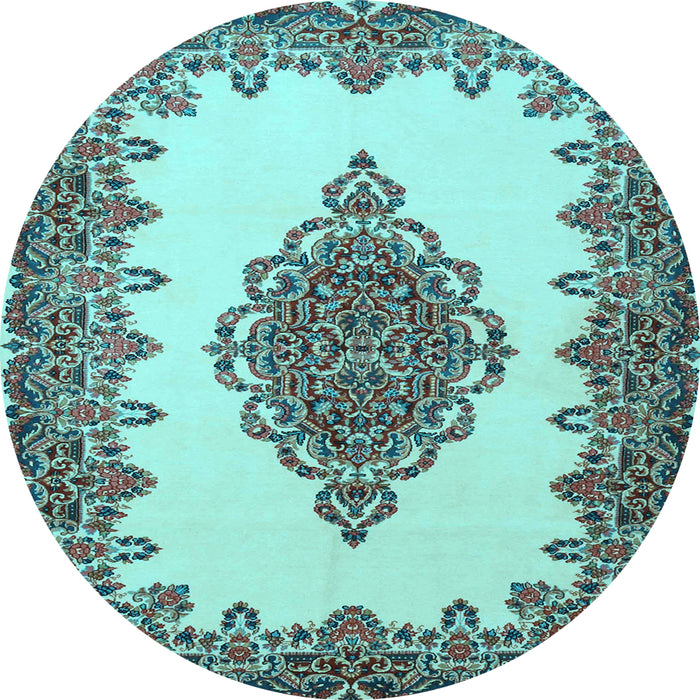 Round Machine Washable Medallion Light Blue Traditional Rug, wshtr1731lblu