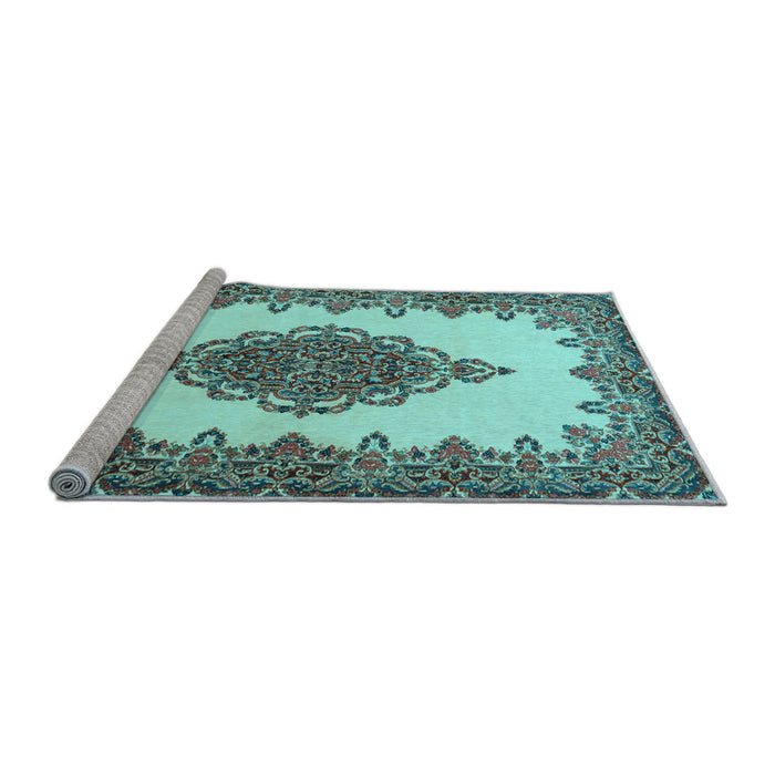 Sideview of Machine Washable Medallion Light Blue Traditional Rug, wshtr1731lblu
