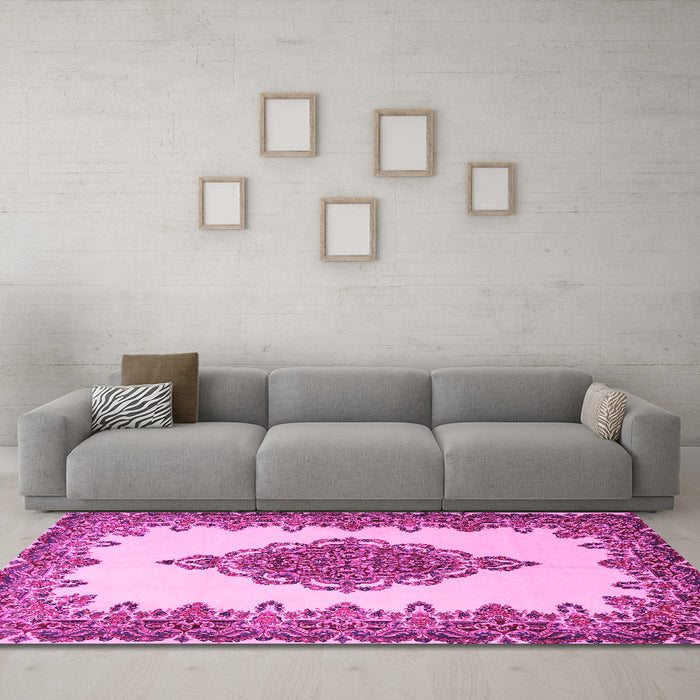 Machine Washable Medallion Pink Traditional Rug in a Living Room, wshtr1731pnk