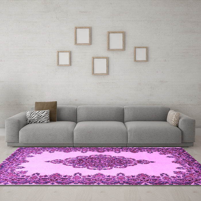 Machine Washable Medallion Purple Traditional Area Rugs in a Living Room, wshtr1731pur