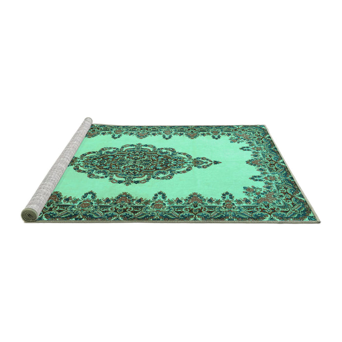 Sideview of Machine Washable Medallion Turquoise Traditional Area Rugs, wshtr1731turq