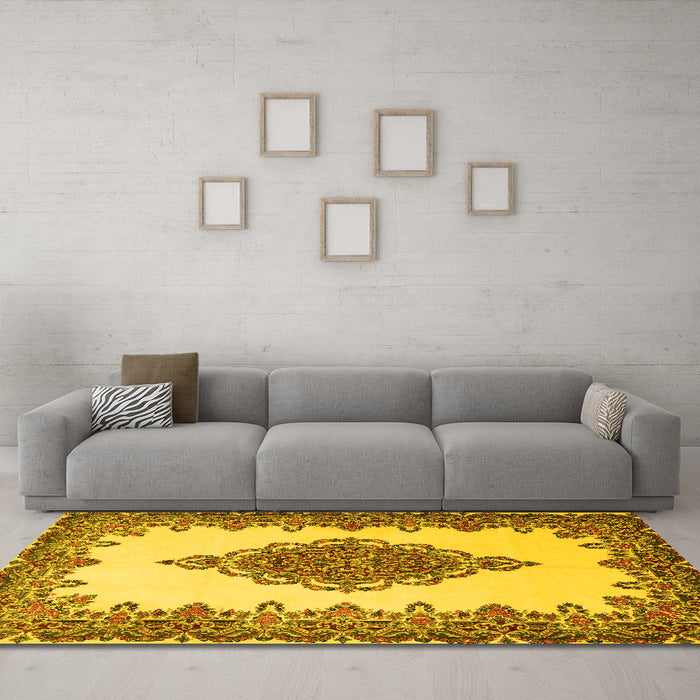 Machine Washable Medallion Yellow Traditional Rug in a Living Room, wshtr1731yw
