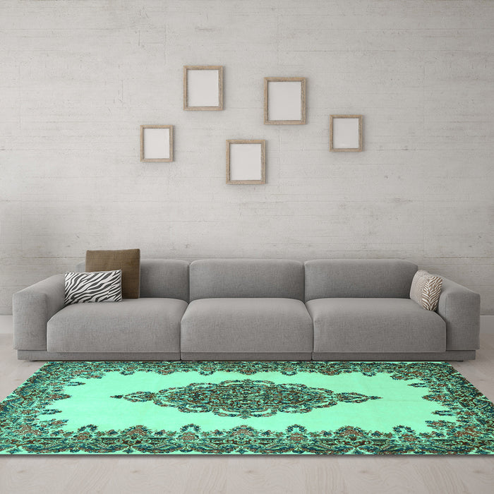 Machine Washable Medallion Turquoise Traditional Area Rugs in a Living Room,, wshtr1731turq