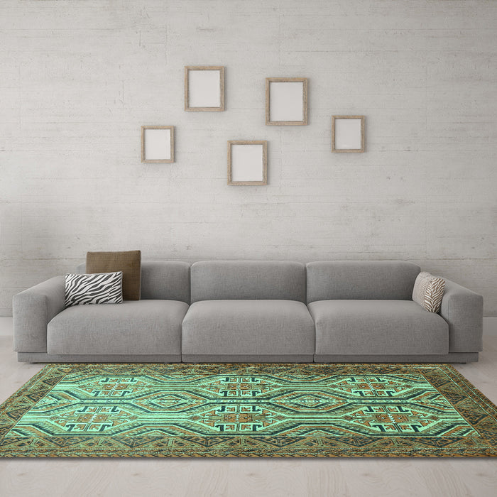 Machine Washable Persian Turquoise Traditional Area Rugs in a Living Room,, wshtr1732turq