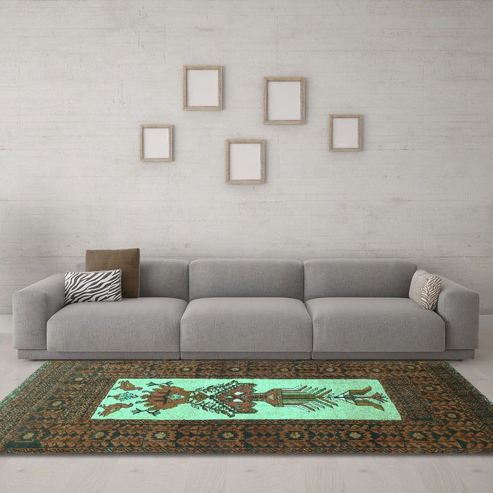 Machine Washable Persian Turquoise Traditional Area Rugs in a Living Room,, wshtr1733turq