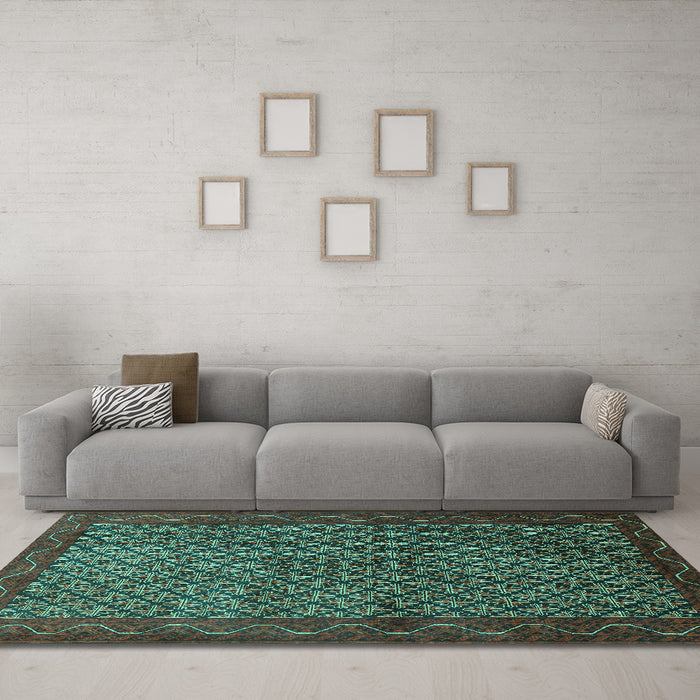 Machine Washable Persian Turquoise Traditional Area Rugs in a Living Room,, wshtr1737turq