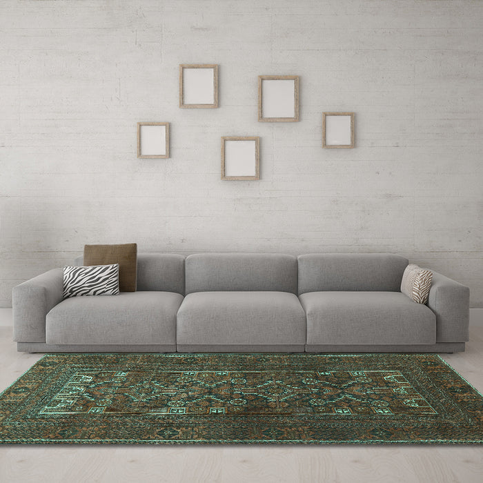Machine Washable Persian Turquoise Traditional Area Rugs in a Living Room,, wshtr1739turq