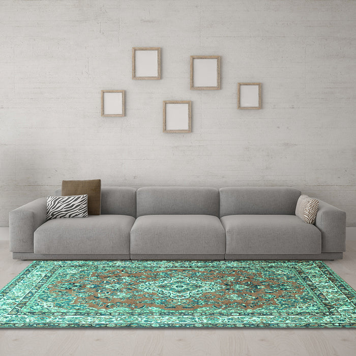 Machine Washable Persian Turquoise Traditional Area Rugs in a Living Room,, wshtr173turq