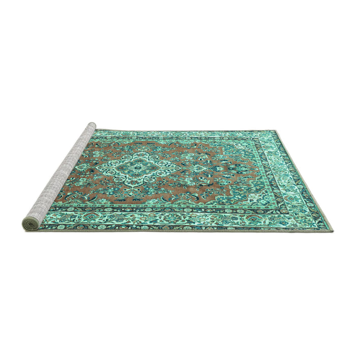 Sideview of Machine Washable Persian Turquoise Traditional Area Rugs, wshtr173turq