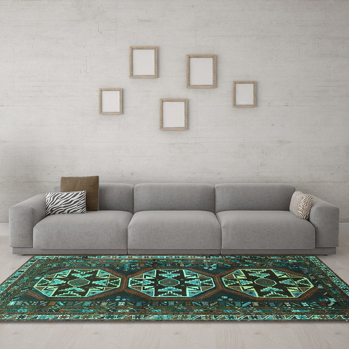 Machine Washable Persian Turquoise Traditional Area Rugs in a Living Room,, wshtr1741turq