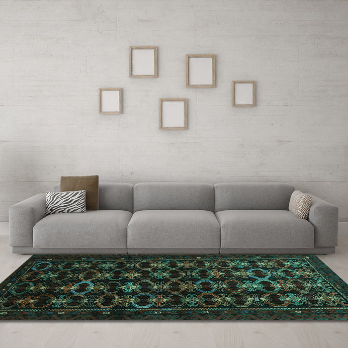 Machine Washable Persian Turquoise Traditional Area Rugs in a Living Room,, wshtr1742turq