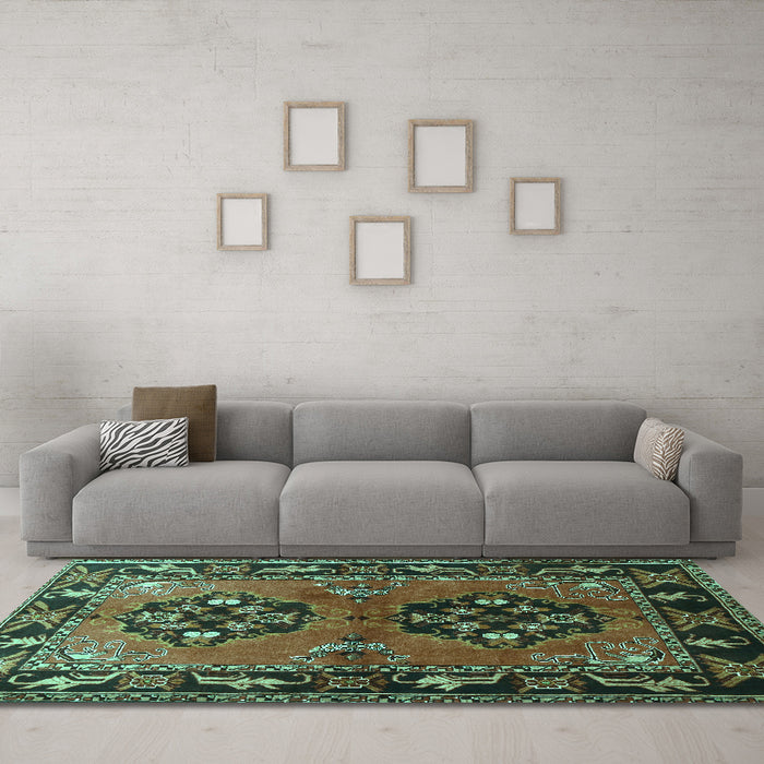 Machine Washable Persian Turquoise Traditional Area Rugs in a Living Room,, wshtr1744turq