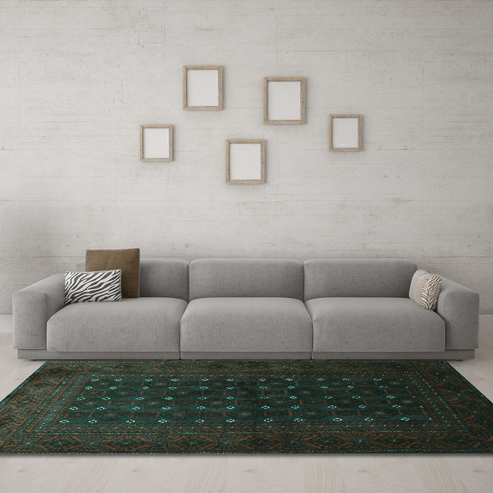 Machine Washable Persian Turquoise Traditional Area Rugs in a Living Room,, wshtr1745turq