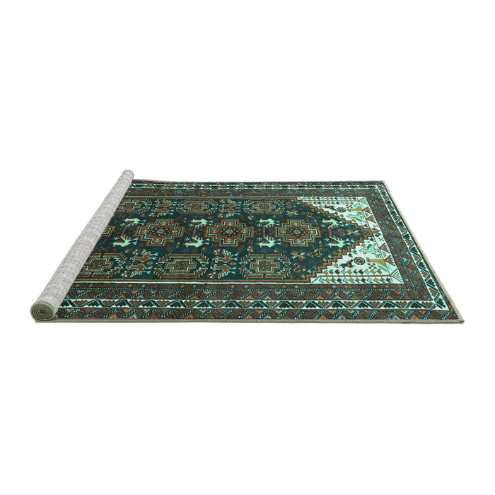 Sideview of Machine Washable Persian Turquoise Traditional Area Rugs, wshtr1748turq