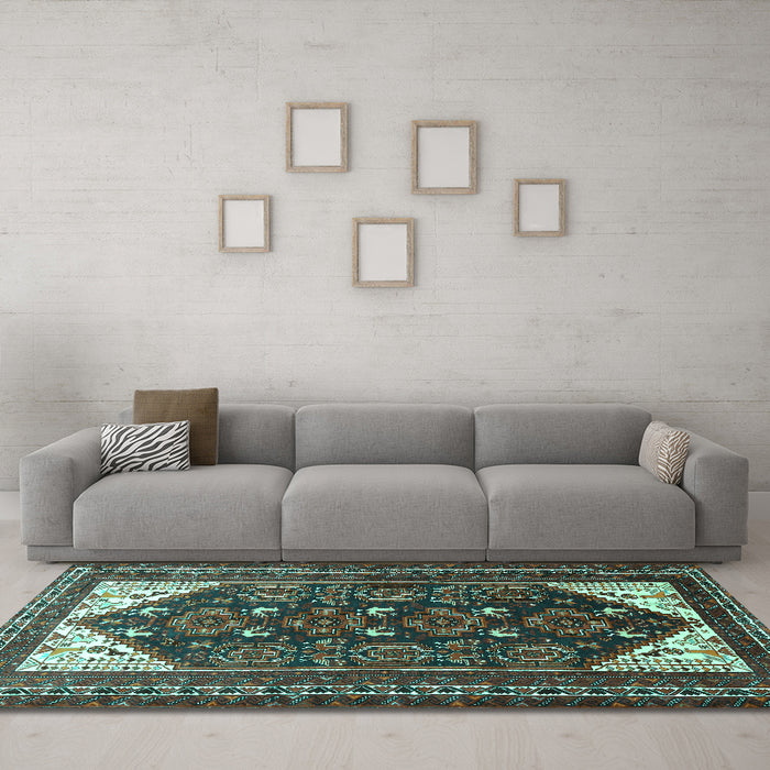 Machine Washable Persian Turquoise Traditional Area Rugs in a Living Room,, wshtr1748turq