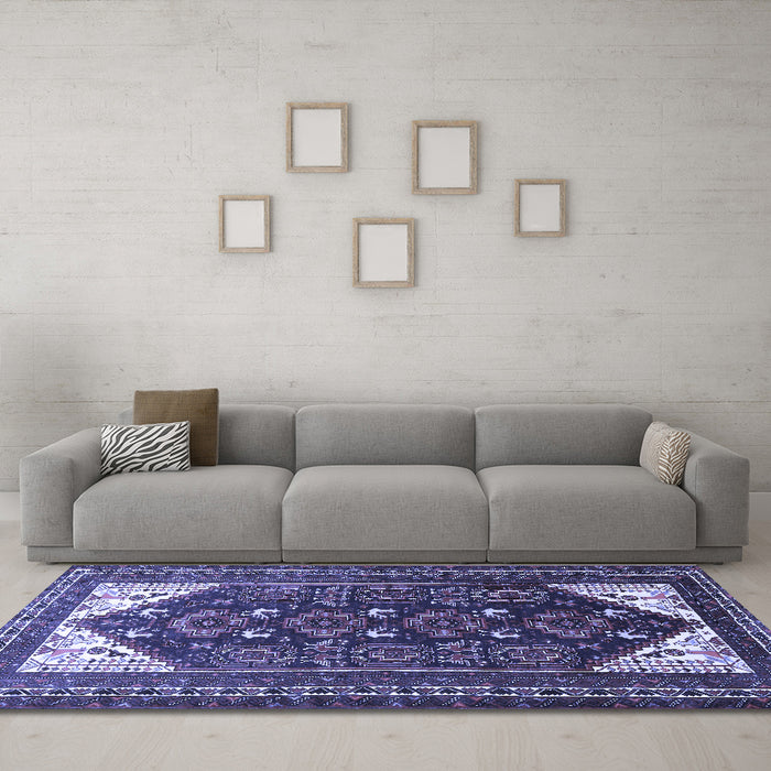 Machine Washable Persian Blue Traditional Rug in a Living Room, wshtr1748blu