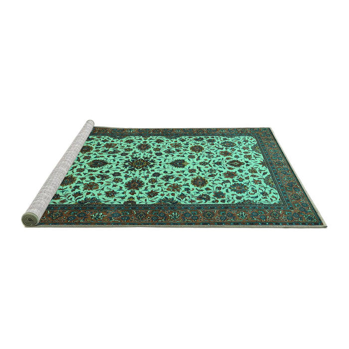 Sideview of Machine Washable Persian Turquoise Traditional Area Rugs, wshtr1749turq