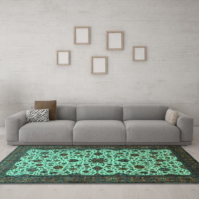 Machine Washable Persian Turquoise Traditional Area Rugs in a Living Room,, wshtr1749turq