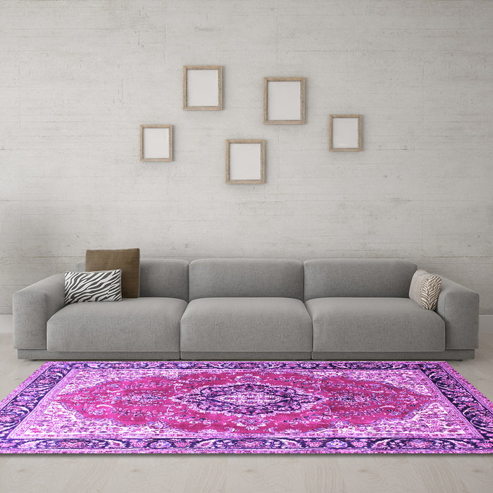 Machine Washable Medallion Purple Traditional Area Rugs in a Living Room, wshtr174pur