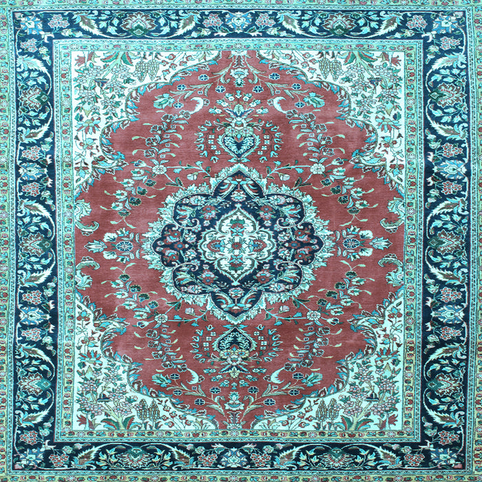 Square Machine Washable Medallion Light Blue Traditional Rug, wshtr174lblu