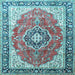 Square Machine Washable Medallion Light Blue Traditional Rug, wshtr174lblu