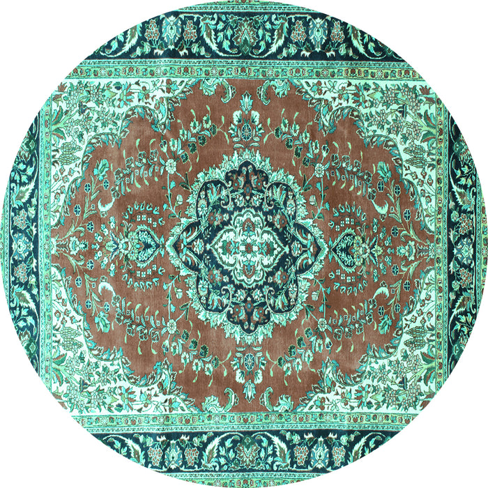 Round Machine Washable Medallion Turquoise Traditional Area Rugs, wshtr174turq
