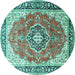 Round Machine Washable Medallion Turquoise Traditional Area Rugs, wshtr174turq