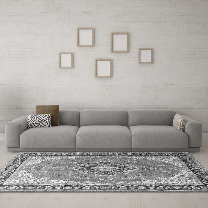 Machine Washable Medallion Gray Traditional Rug in a Living Room,, wshtr174gry