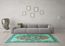 Machine Washable Medallion Turquoise Traditional Area Rugs in a Living Room,, wshtr174turq