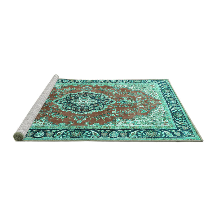 Sideview of Machine Washable Medallion Turquoise Traditional Area Rugs, wshtr174turq