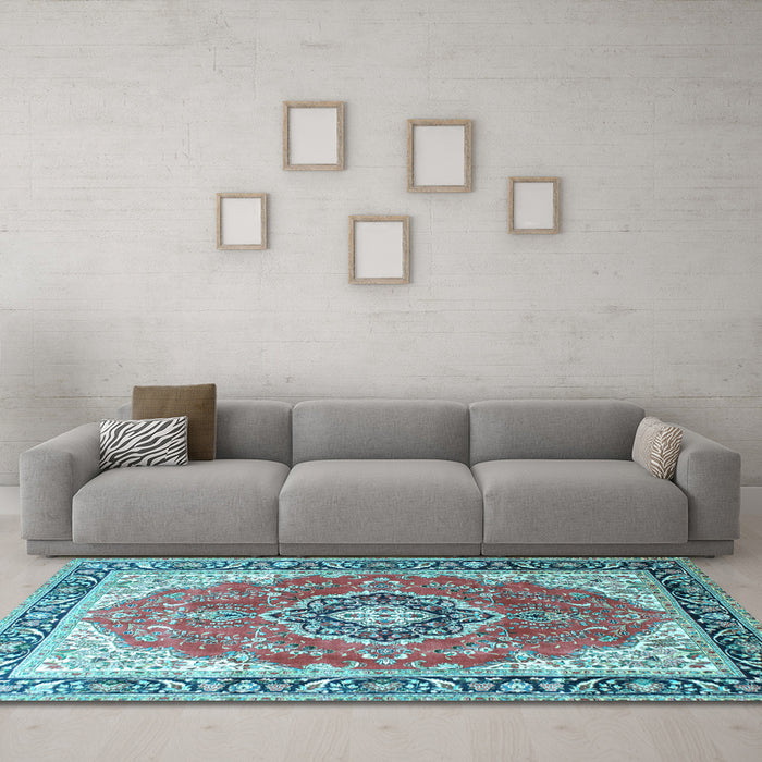 Machine Washable Medallion Light Blue Traditional Rug in a Living Room, wshtr174lblu