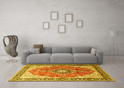 Machine Washable Medallion Yellow Traditional Rug in a Living Room, wshtr174yw