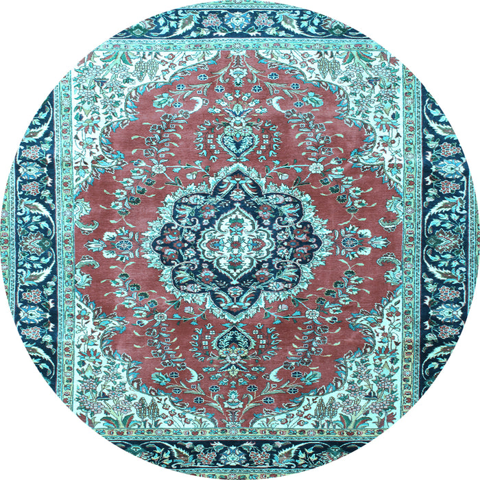 Round Machine Washable Medallion Light Blue Traditional Rug, wshtr174lblu