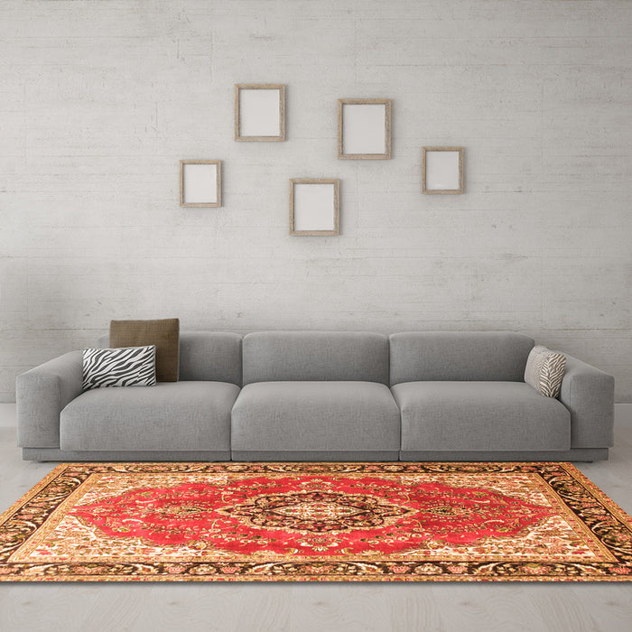 Machine Washable Medallion Orange Traditional Area Rugs in a Living Room, wshtr174org