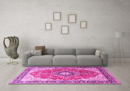 Machine Washable Medallion Pink Traditional Rug in a Living Room, wshtr174pnk
