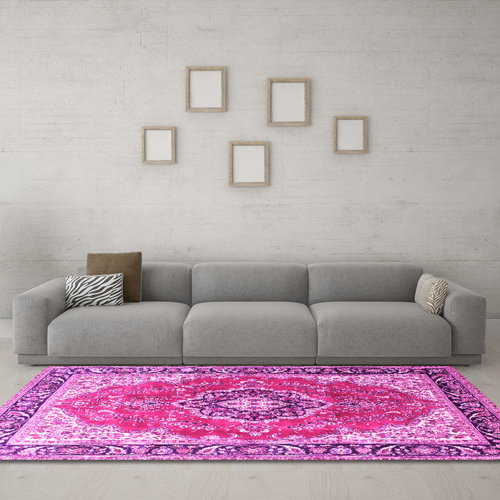 Machine Washable Medallion Pink Traditional Rug in a Living Room, wshtr174pnk