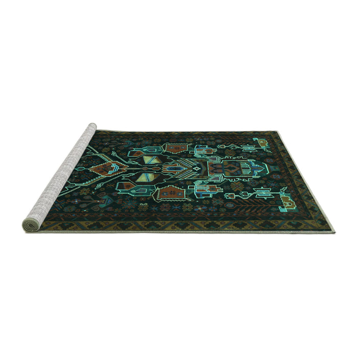 Sideview of Machine Washable Persian Turquoise Traditional Area Rugs, wshtr1751turq