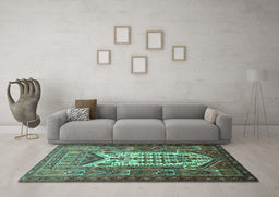 Machine Washable Persian Turquoise Traditional Area Rugs in a Living Room,, wshtr1756turq