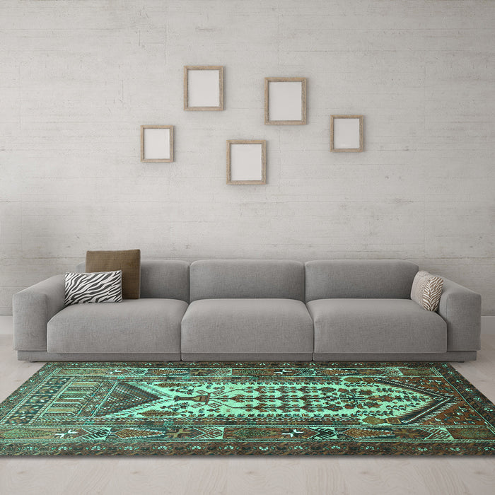 Machine Washable Persian Turquoise Traditional Area Rugs in a Living Room,, wshtr1756turq