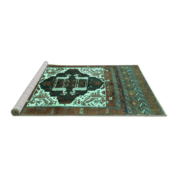 Sideview of Machine Washable Persian Turquoise Traditional Area Rugs, wshtr1757turq