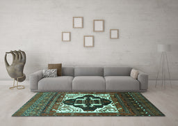 Machine Washable Persian Turquoise Traditional Area Rugs in a Living Room,, wshtr1757turq